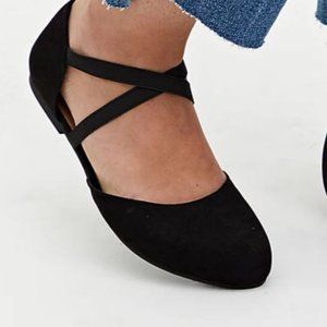 black faux suede criss cross strap flats